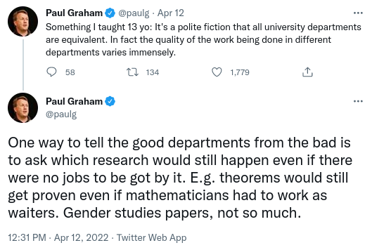 Paul Graham on Twitter: "One way to tell the good departments from the bad is to ask which
research would still happen even if there were no jobs to be got by it. E.g. theorems would still
get proven even if mathematicians had to work as waiters. Gender studies papers, not so
much."
